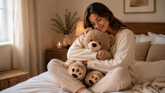 Femme serrant un grand ours en peluche doux dans une chambre chaleureuse et lumineuse, pour illustrer un moment réconfortant et cocooning.