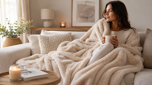 Femme enveloppée dans un plaid cocooning doux et chaud, assise sur un canapé dans un salon lumineux avec une tasse à la main.