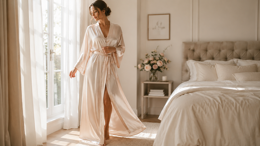 Femme portant une robe de chambre longue en satin champagne dans une chambre lumineuse, à l’ambiance douce et élégante.