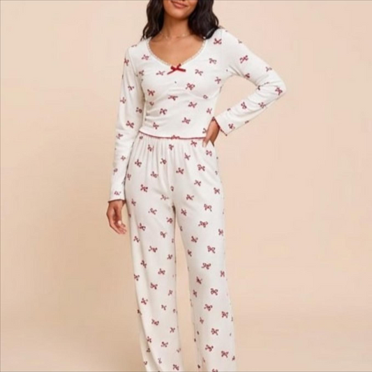 Pyjama femme à manches longues en dentelle avec nœuds imprimés