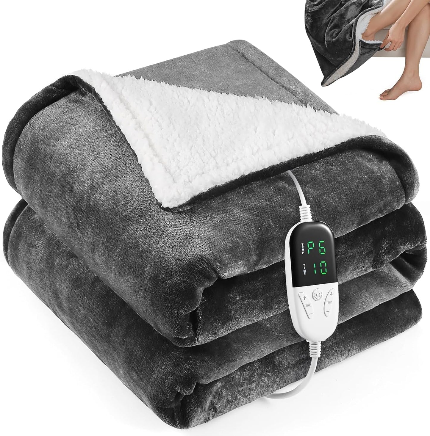 Couverture chauffante en flanelle 3 variations 133x155 cm, 155x180 cm et option pochette pour pieds – plaid électrique gris à 6 niveaux de chaleur, minuterie 10h