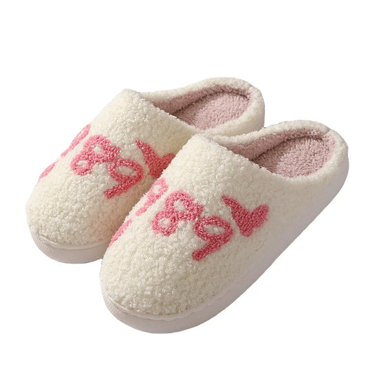 Women'S Lovely Pretty Bow Flowers Slippers Men Cartoon Soft Warm Sandals Females Cute Plush Cotton Flat Slides for Autumn Winter