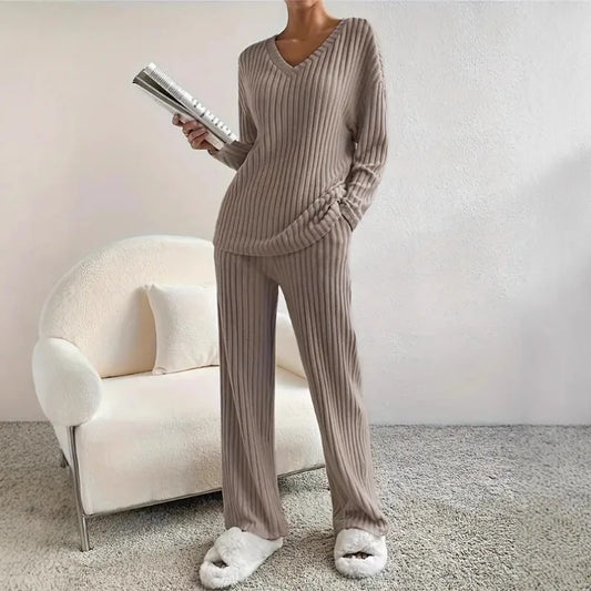 Women'S Ribbed Pajamas Set Long Sleeve Top and Trousers Sleepwear 2 Piece Set for Women Casual Loose Suit Loungewear