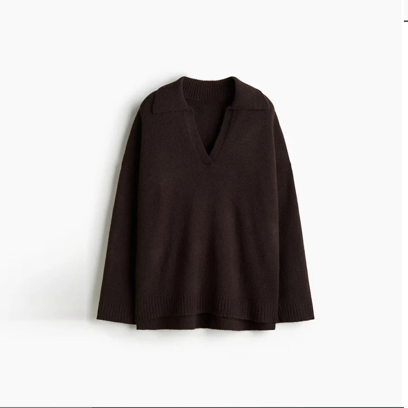 Brown V-Neck Knit Shirt Pants Set Women Solid Long Sleeve Top Empire Straight Loose Trousers Lady 2025 Autumn Fashion Suit