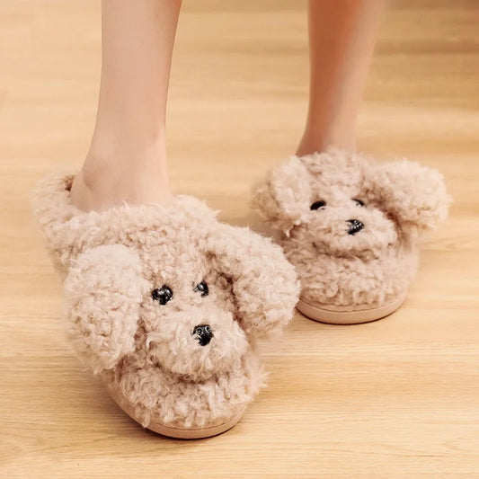 Short Fur Slippers for Women 2023 Winter Warm Furry Cozy Cotton Shoes for Home Indoor Cute Dog Couples Antiskid Slippers