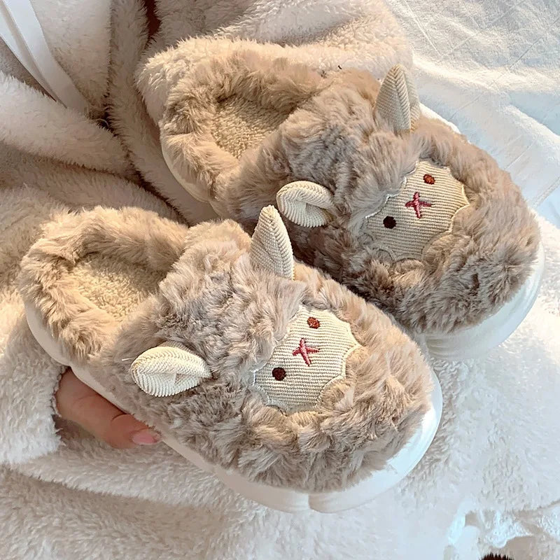 Women Lovely Sheep Fluffy Slippers Men Fashion Animals Non-Slip Plush Slides Lovers Soft Warm Cartoon House Shoes for Winter