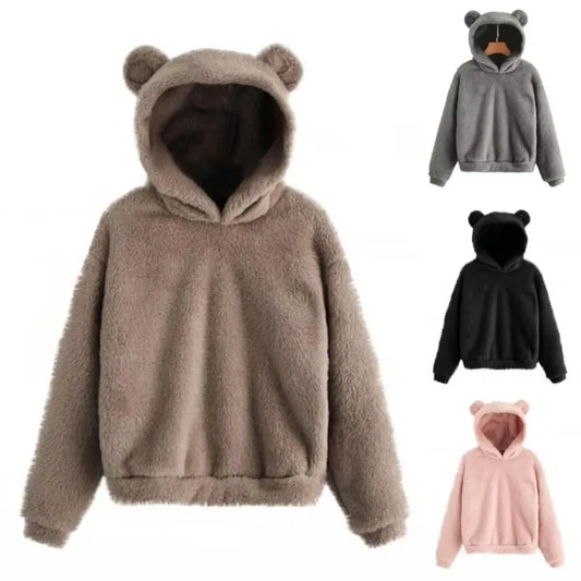 Autumn Winter Women'S Cute Plush Hoodies Long Sleeve Bear Ear Fluffy Warm Hoodie Pullover Casual Solid Tops Y2K Hooded