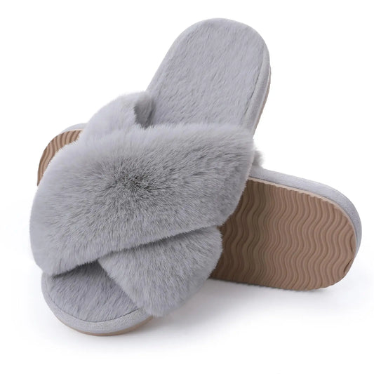 Fashion Furry House Slippers Women Fluffy Fur Flip Flops Bedroom Fuzzy Flats Slippers Thick Sole Cross Band Indoor Shoes