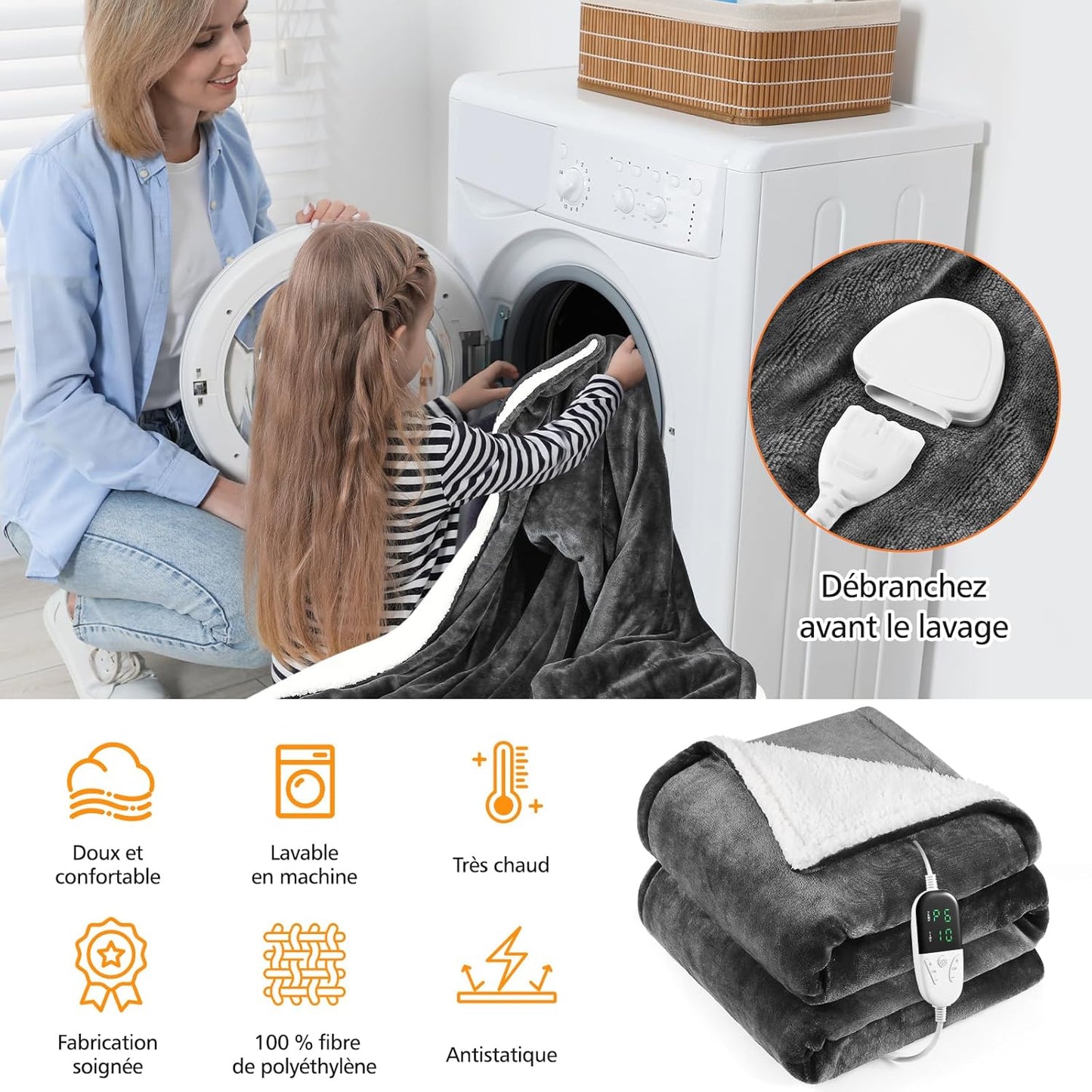 Nouvelle Couverture Chauffante Avec Poche Pour Les Pieds 155X180CM, Fonction D'Arrêt Automatique, Chauffage À 6 Vitesses, Minuterie 10 H, Protection Contre La Surchauffe, Lavable Machine(Gris)