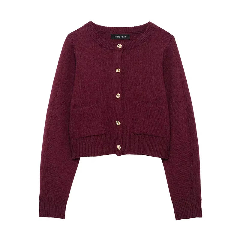 Cardigan femme maille bordeaux à boutons style élégant