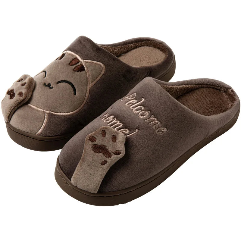 Chaussons femme hiver en fausse fourrure motif chat marron ultra doux et chauds