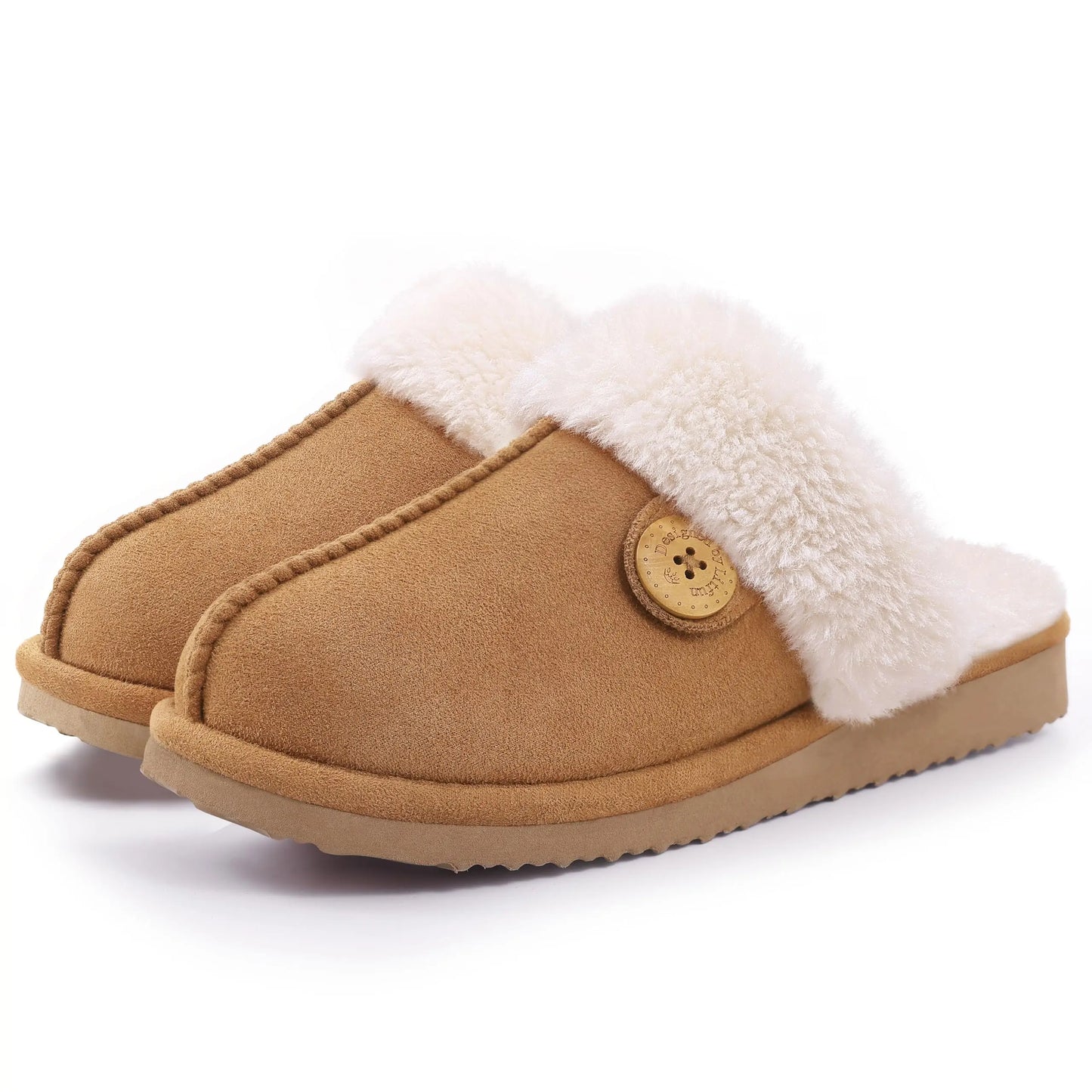 Chaussons mules femme kaki fourrés design bouton confort hiver printemps