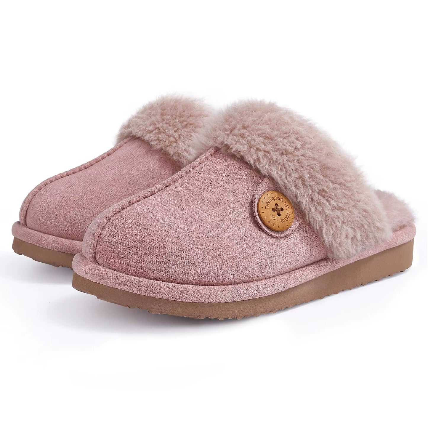 Chaussons mules femme rose fourrés design bouton doux maison
