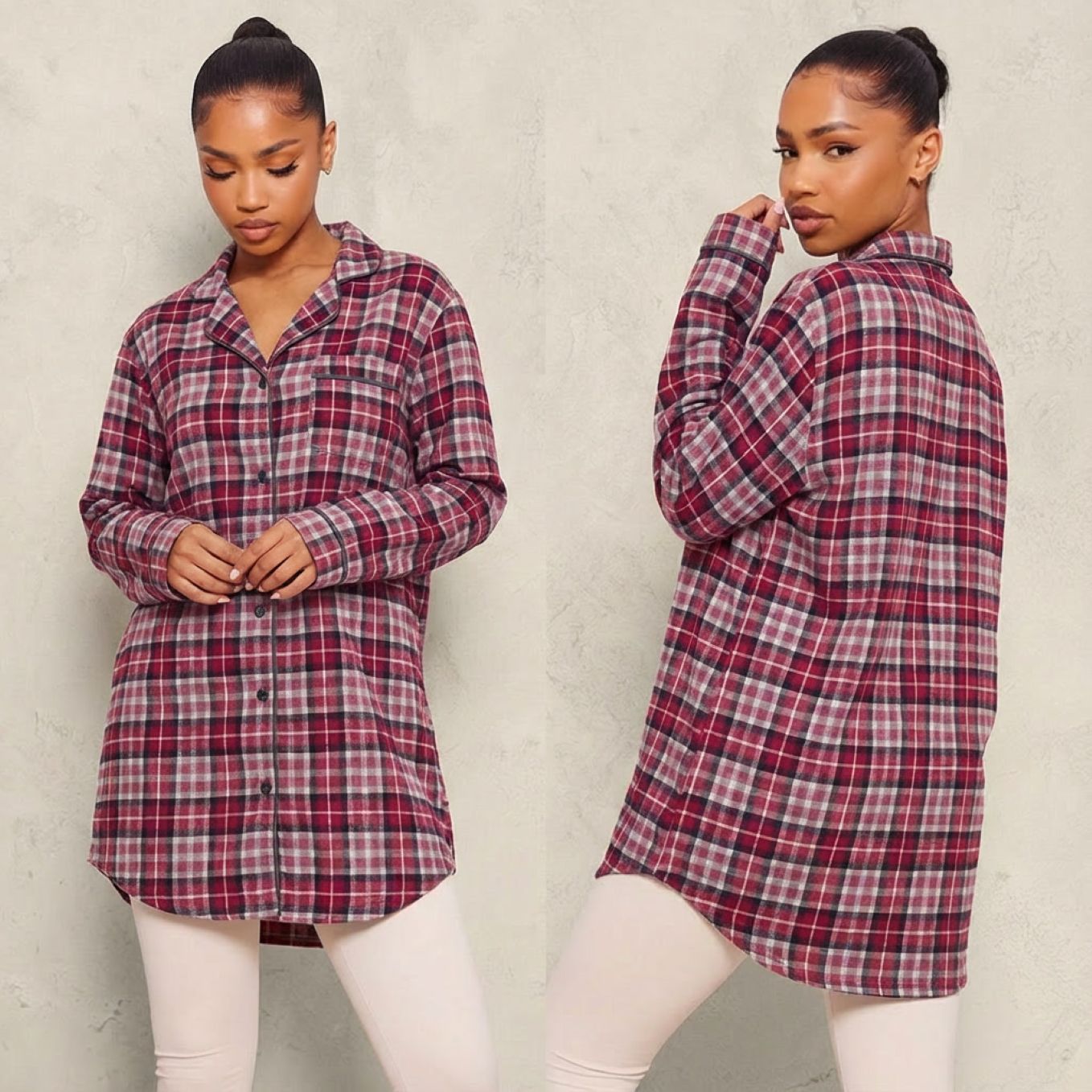 Chemise de nuit femme en flanelle de coton imprimé petits carreaux sur modèle hiver printemps 2026
