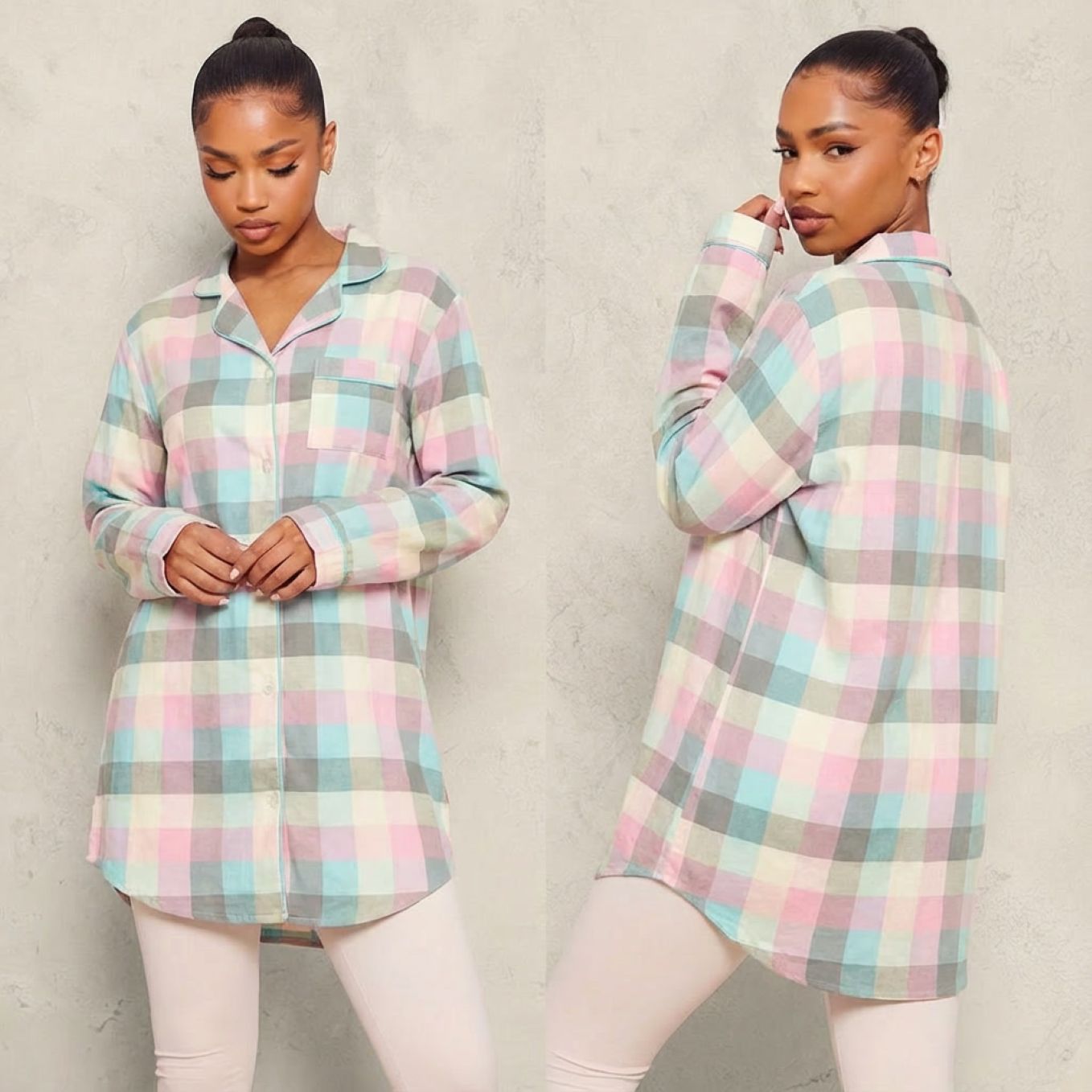 Chemise de nuit femme en flanelle de coton plaid imprimé bandes sur modèle hiver printemps 2026