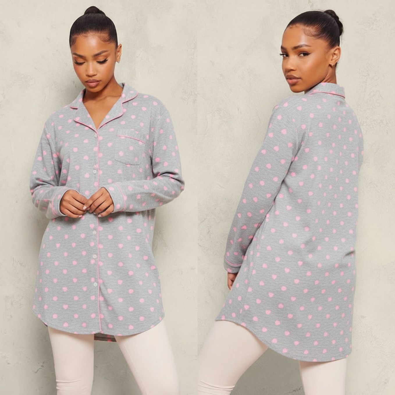 Chemise de nuit femme en flanelle de coton imprimé pois rose sur modèle hiver printemps 2026