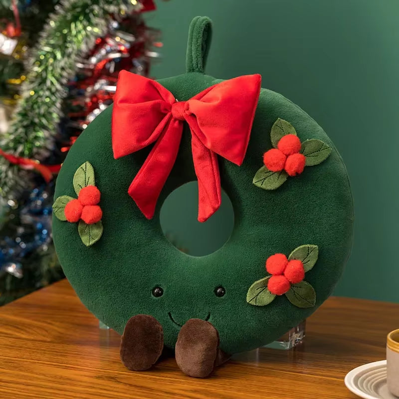 Coussin Noël couronne avec nœud rouge peluche décoration