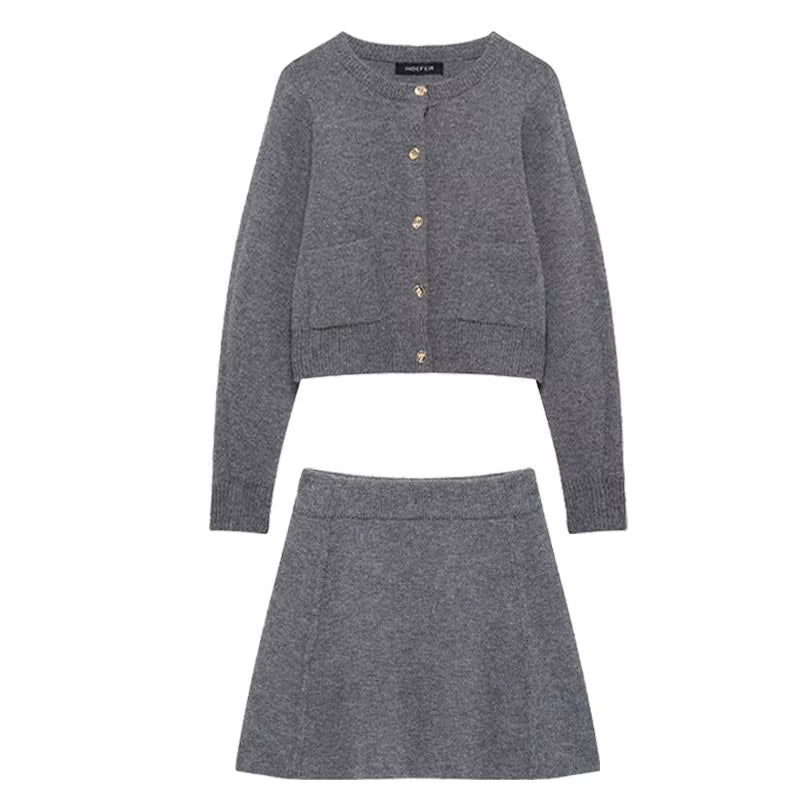 Ensemble jupe femme maille gris cardigan à boutons hiver printemps