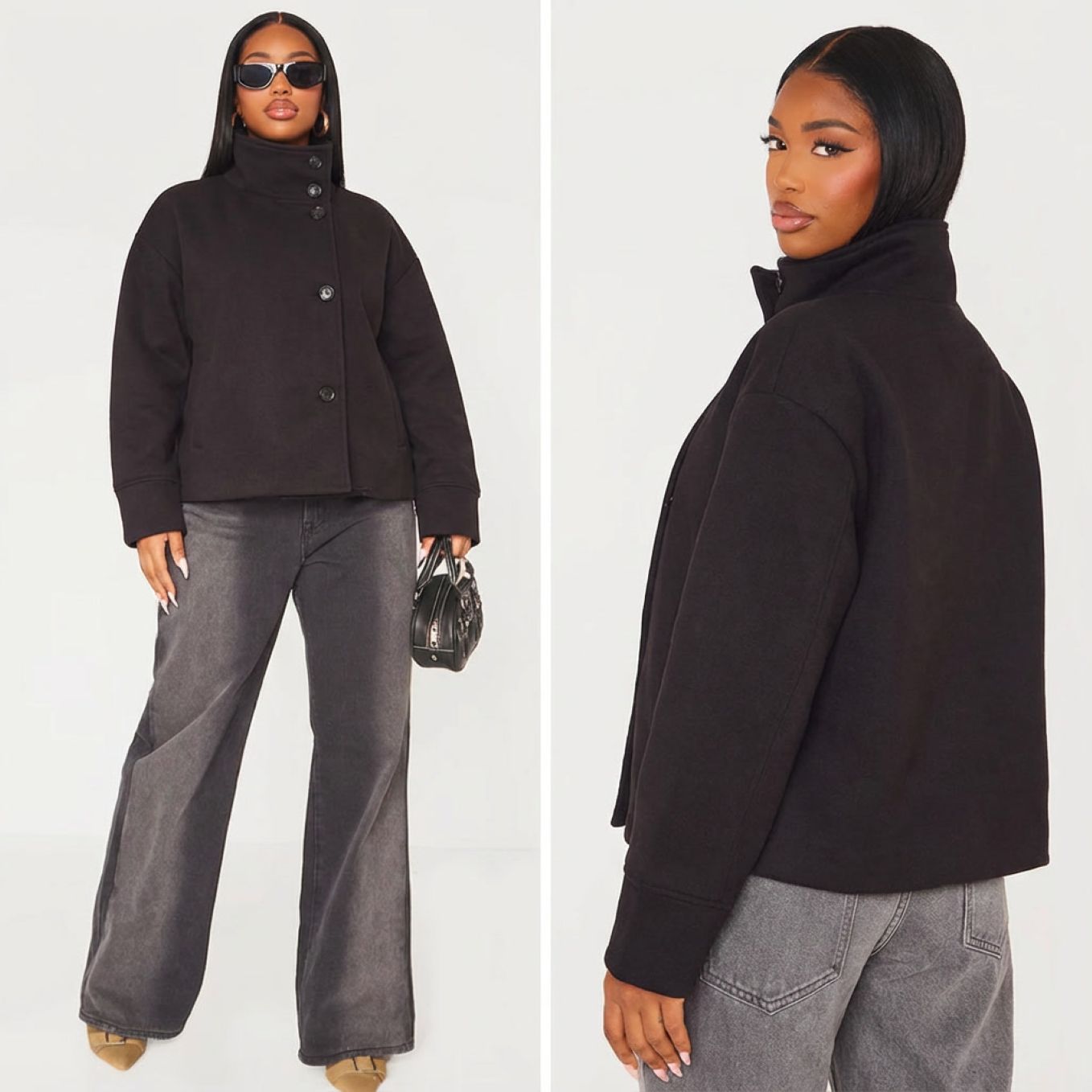 Manteau court femme en laine col montant satiné noir profil sur modèle hiver printemps 2026