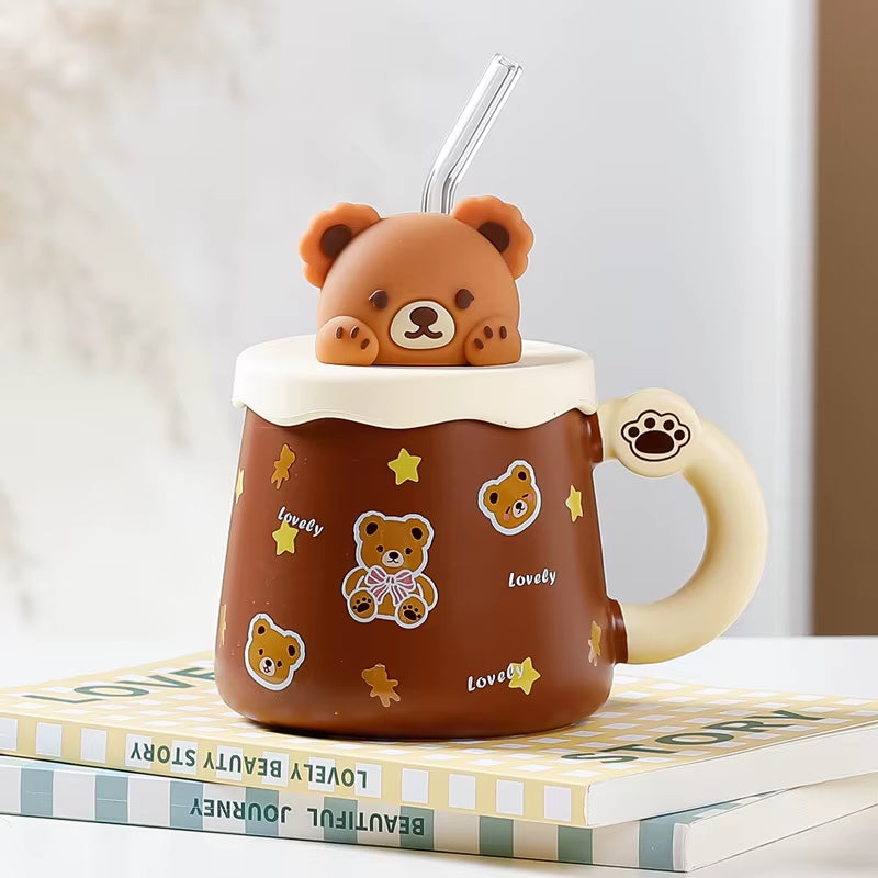 Mug ours en céramique beige motif étoiles avec couvercle et paille 360 420 ml