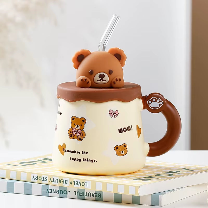 Mug ours en céramique beige motif ours avec couvercle et paille 360 420 ml