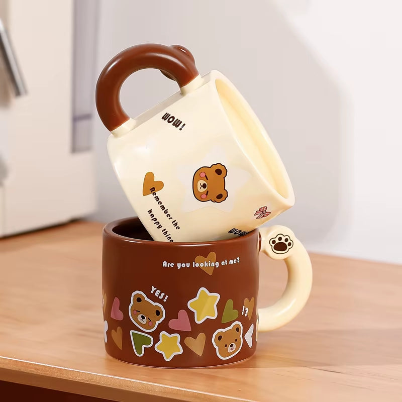 Mug ours en céramique avec couvercle ouvert et paille grande capacité 360 420 ml