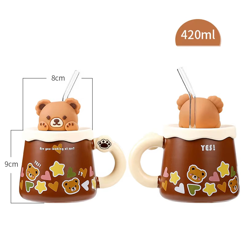 Mug ours en céramique marron motif ours avec couvercle et paille 360 420 ml
