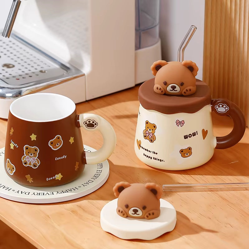 Mugs ours en céramique avec couvercle et paille grande capacité 360 420 ml