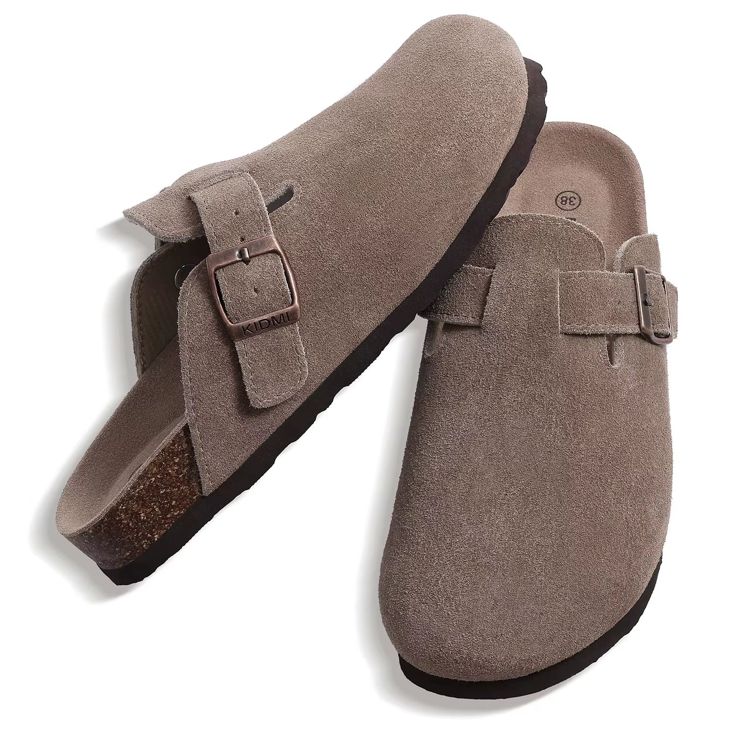 Mules sabots Kidmi en daim gris semelle liège support voûte plantaire