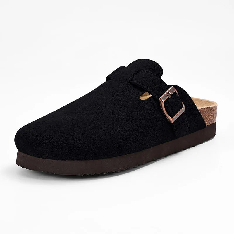 Mules sabots Kidmi en daim noir semelle liège support voûte plantaire