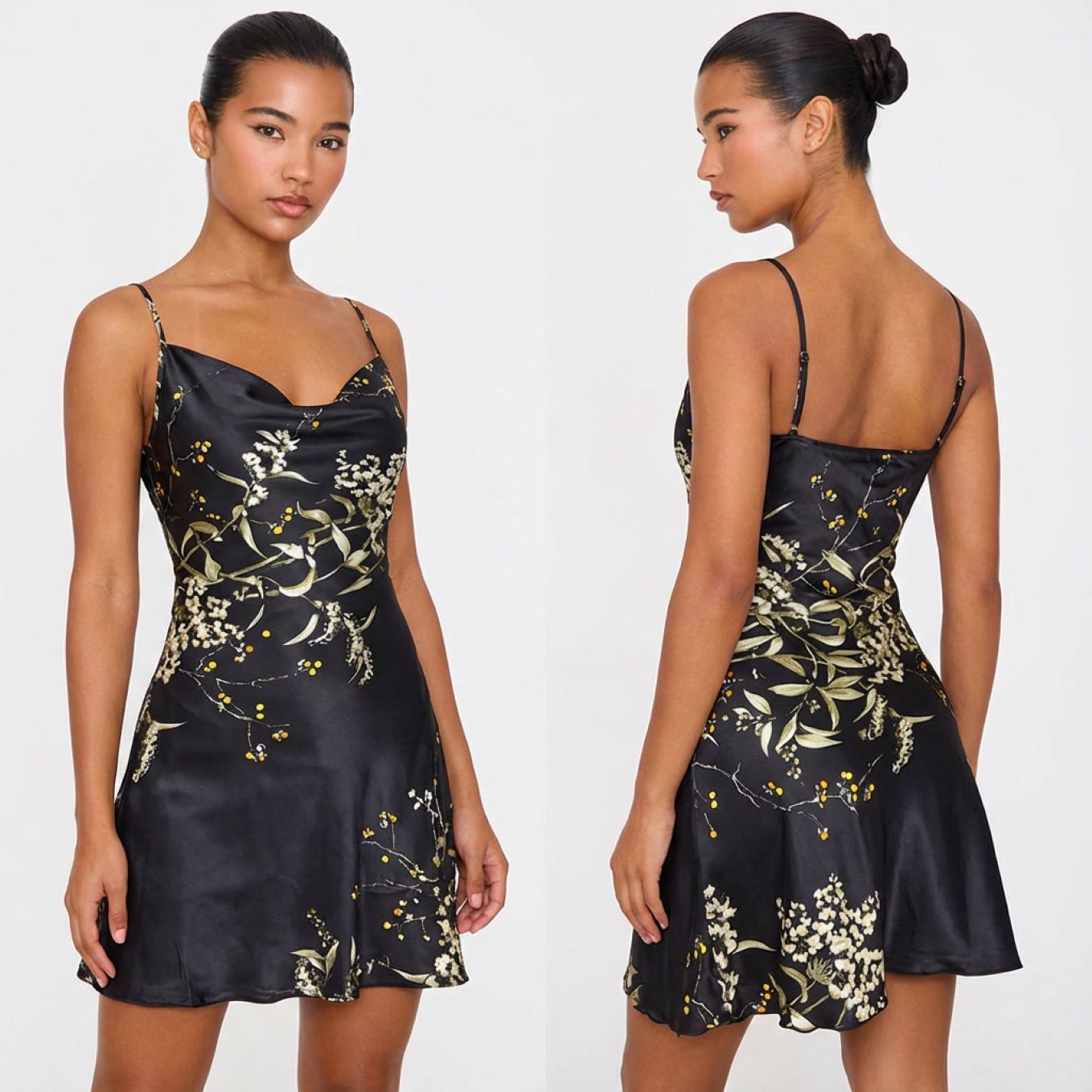 Nuisette femme satin à bretelles imprimé floral noir sur modèle hiver printemps 2026