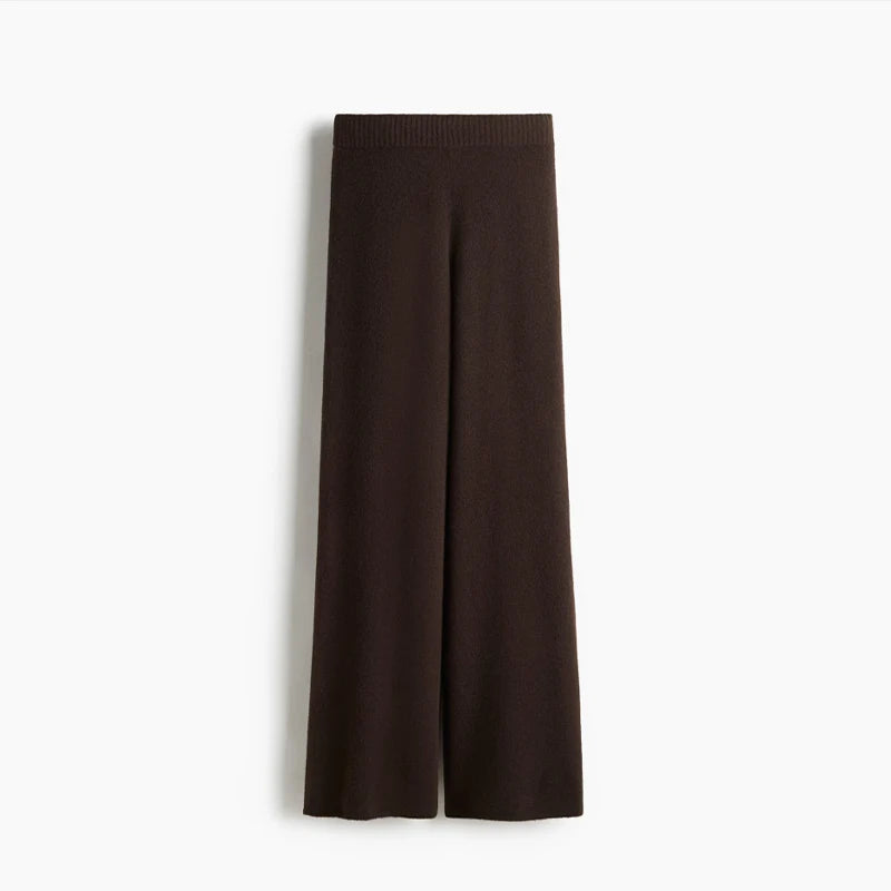 Pantalon droit femme maille marron coupe élégante ensemble col V hiver printemps