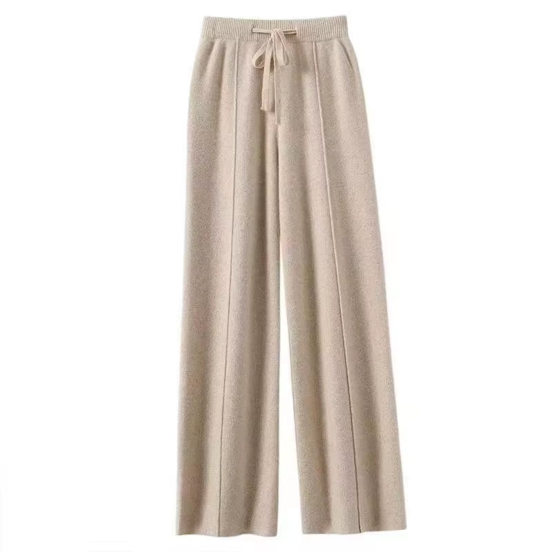 Pantalon femme laine cachemire beige coupe large cosy hiver printemps