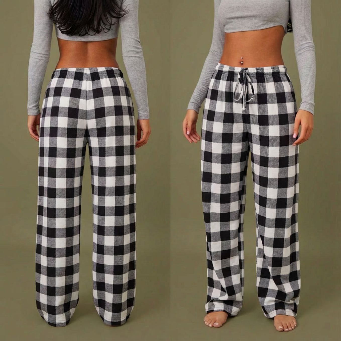 Pantalon de pyjama femme à carreaux plaid blanc et noir coupe ample hiver printemps 2026