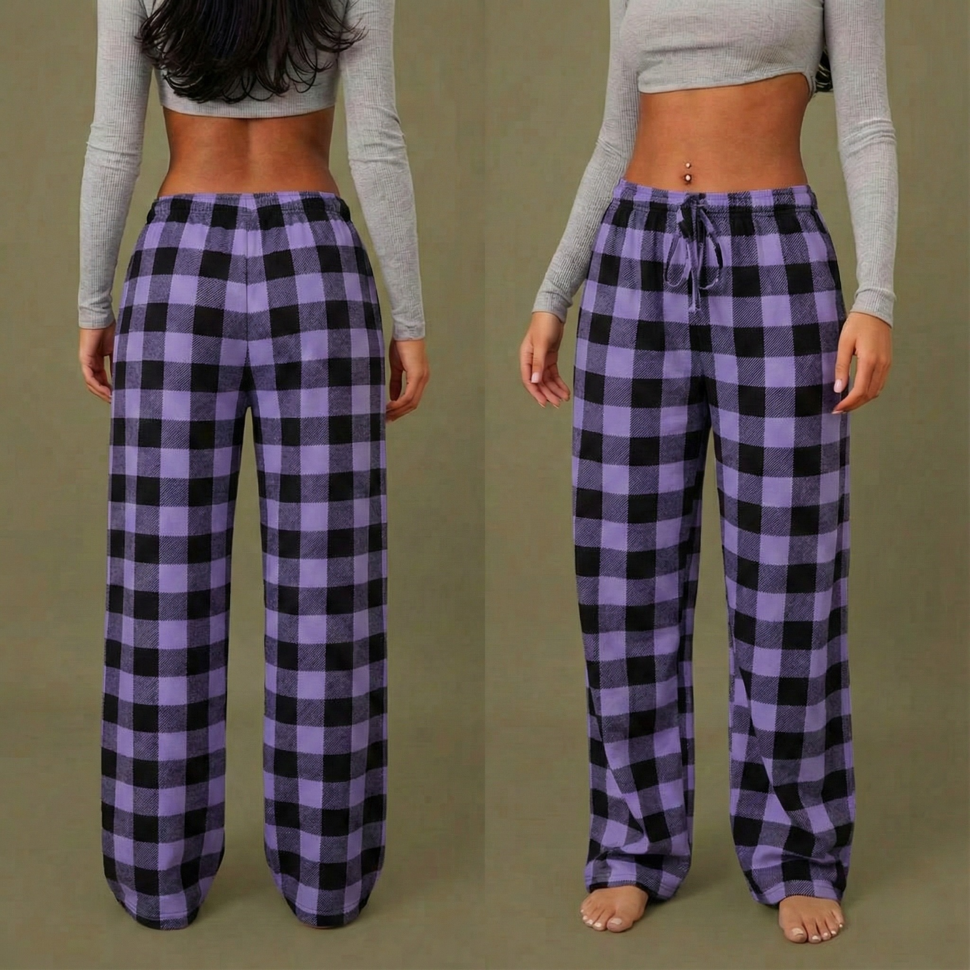 Pantalon de pyjama femme à carreaux plaid violet et noir coupe ample hiver printemps 2026