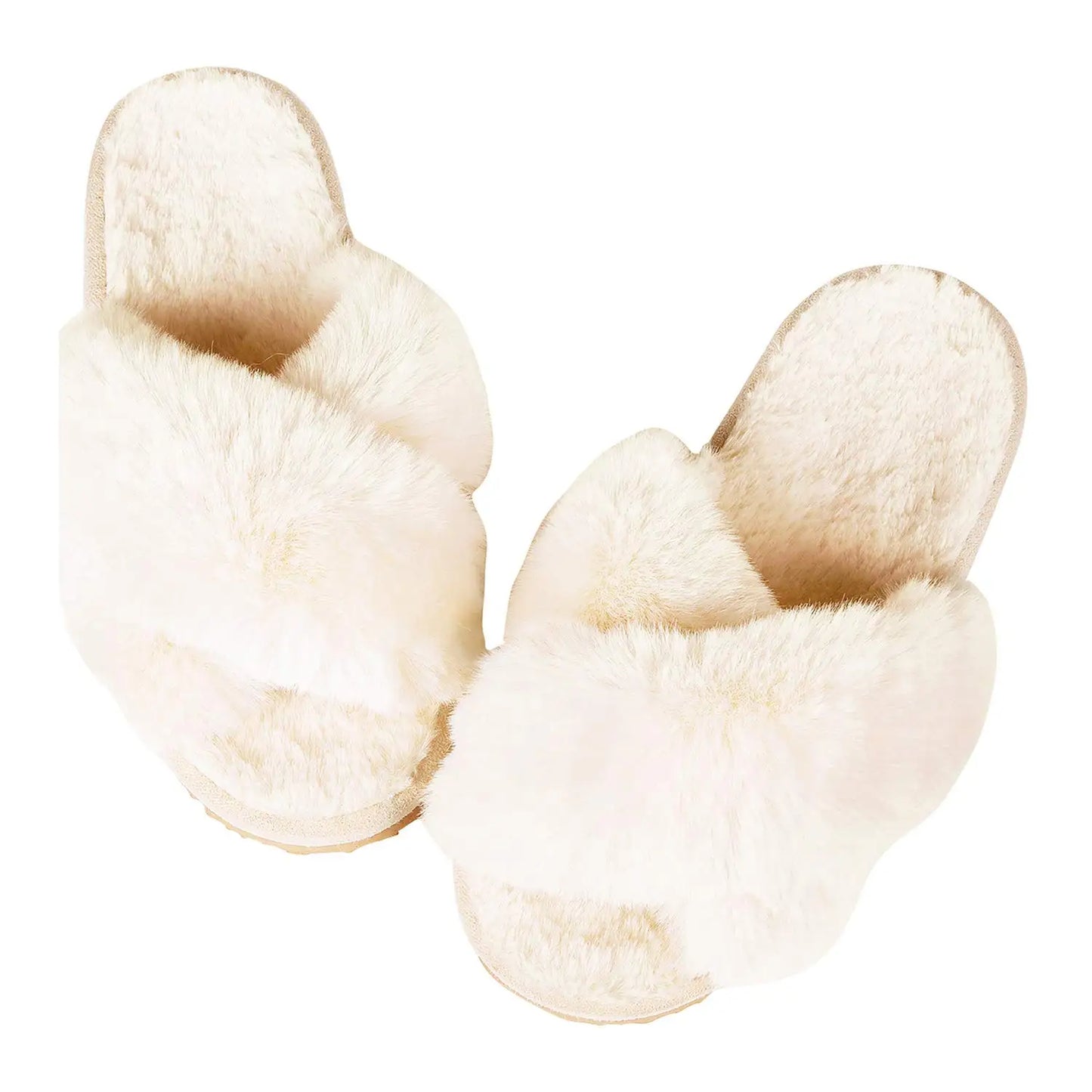 Pantoufles femme en fourrure beige à bande croisée semelle épaisse