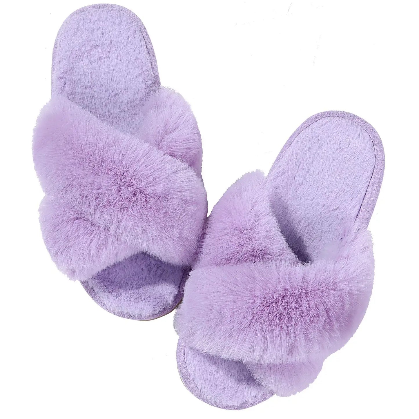Pantoufles femme en fourrure violette à bande croisée semelle épaisse