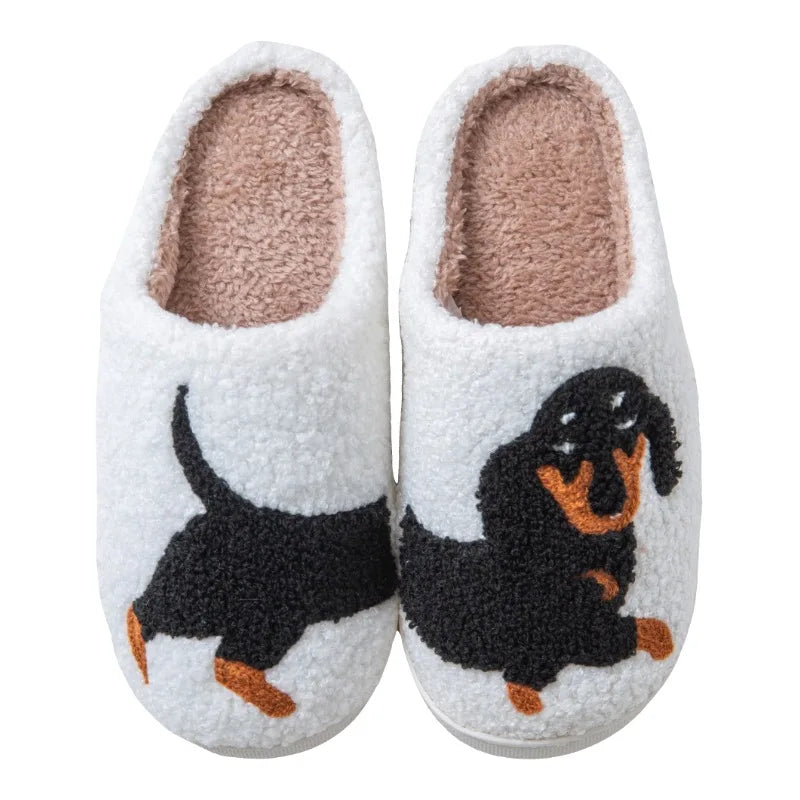 Pantoufles femme hiver motif teckel noir paire chaussons d’intérieur chauds