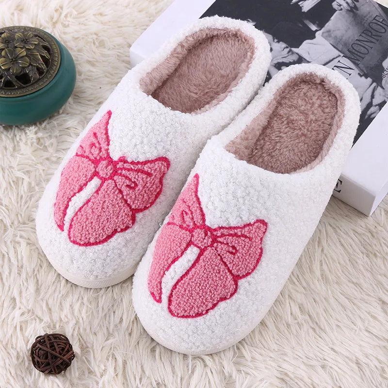 Pantoufles femme hiver en peluche motif nœud chaussons intérieur chauds