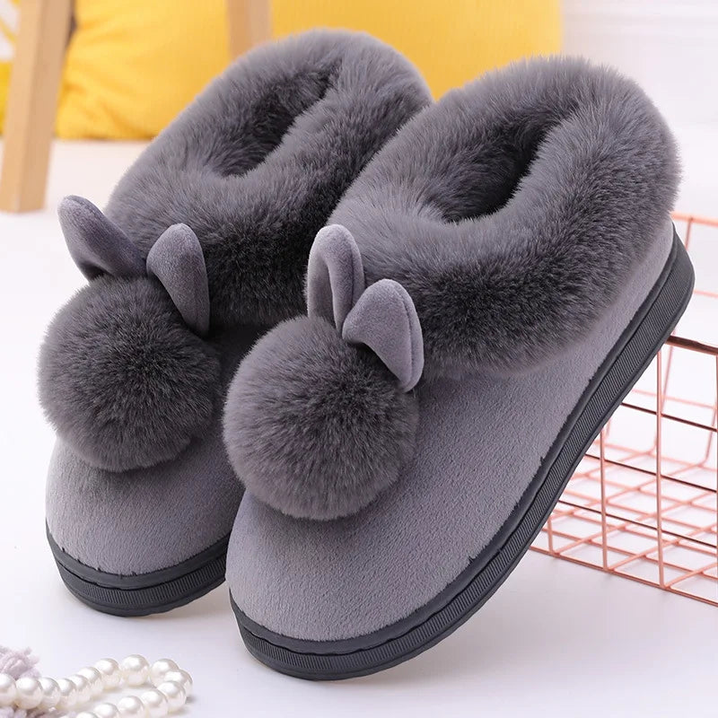 Pantoufles femme lapin gris peluche fourrées chaudes hiver printemps