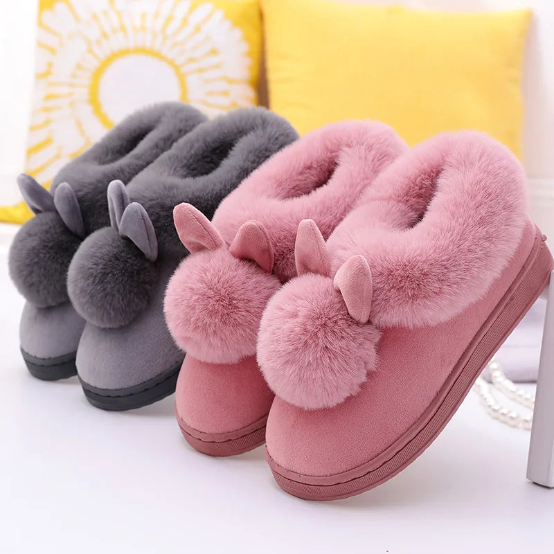 Pantoufles femme lapin gris et rose peluche chaussons cocooning