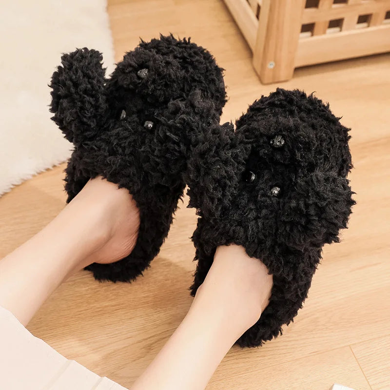Pantoufles mules femme hiver motif chien noir fourrées antidérapantes