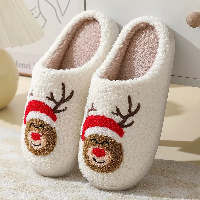 Pantoufles de Noël en peluche renne chaussons intérieur moelleux hiver