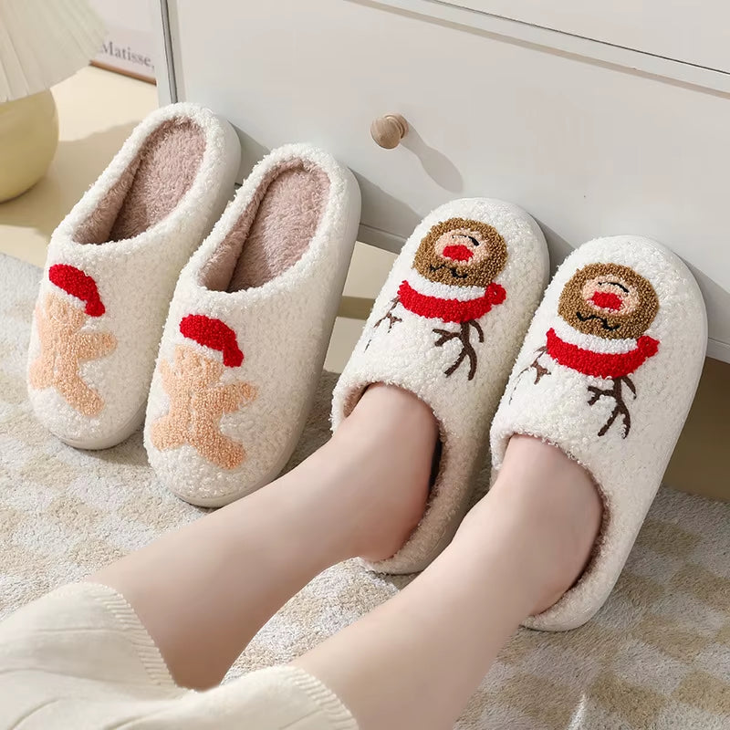 Pantoufles de Noël en peluche renne au nez rouge chaussons intérieur moelleux hiver portés