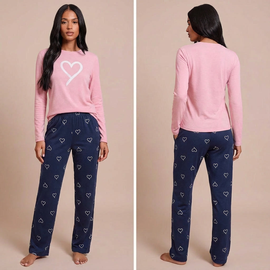 Pyjama femme deux pièces manches longues imprimé cœur pose sur modèle hiver printemps 2026