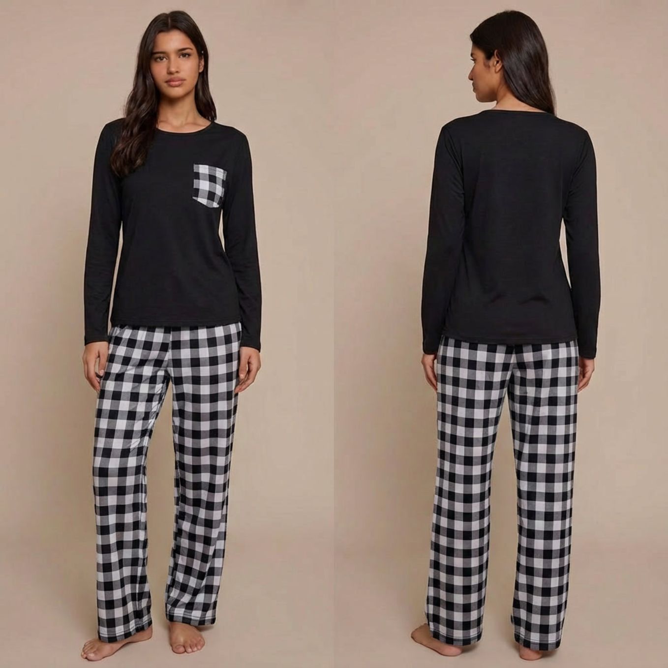 Pyjama femme à carreaux motif vichy blanc deux pièces manches longues sur modèle hiver printemps 2026