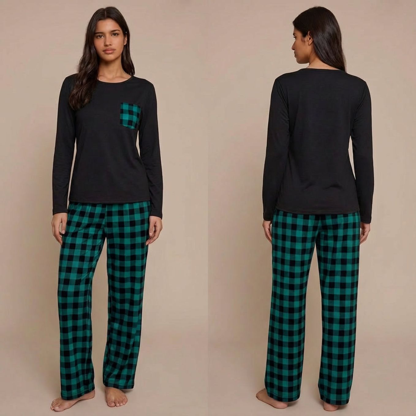 Pyjama femme à carreaux motif vichy vert deux pièces manches longues sur modèle hiver printemps 2026