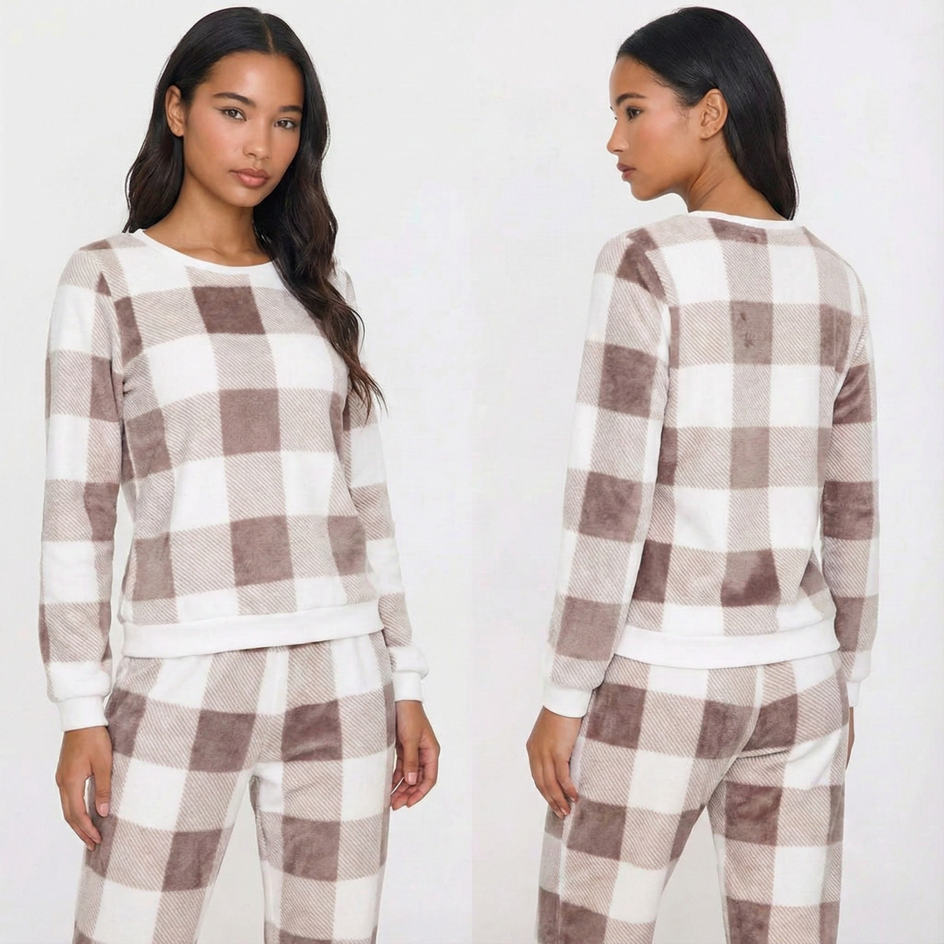 Pyjama femme en flanelle épaisse manches longues brun à carreaux sur modèle hiver printemps 2026