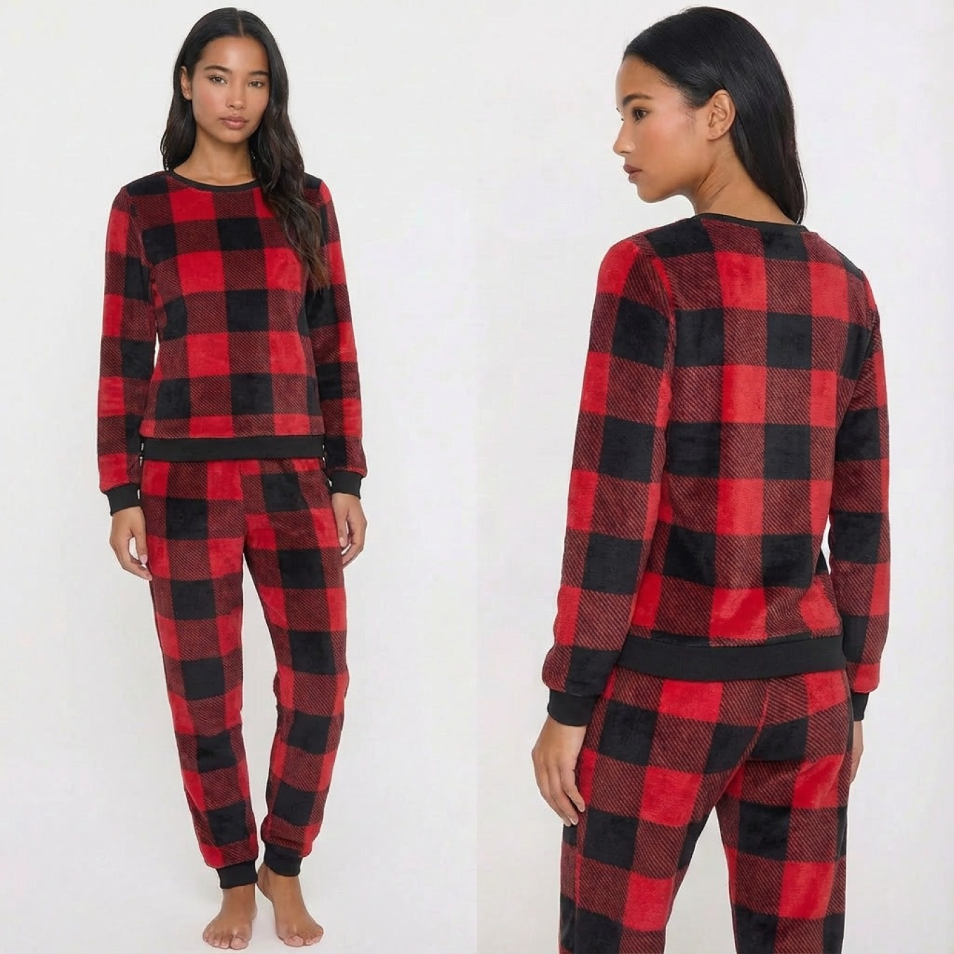 Pyjama femme en flanelle épaisse manches longues rouge noir à carreaux sur modèle hiver printemps 2026