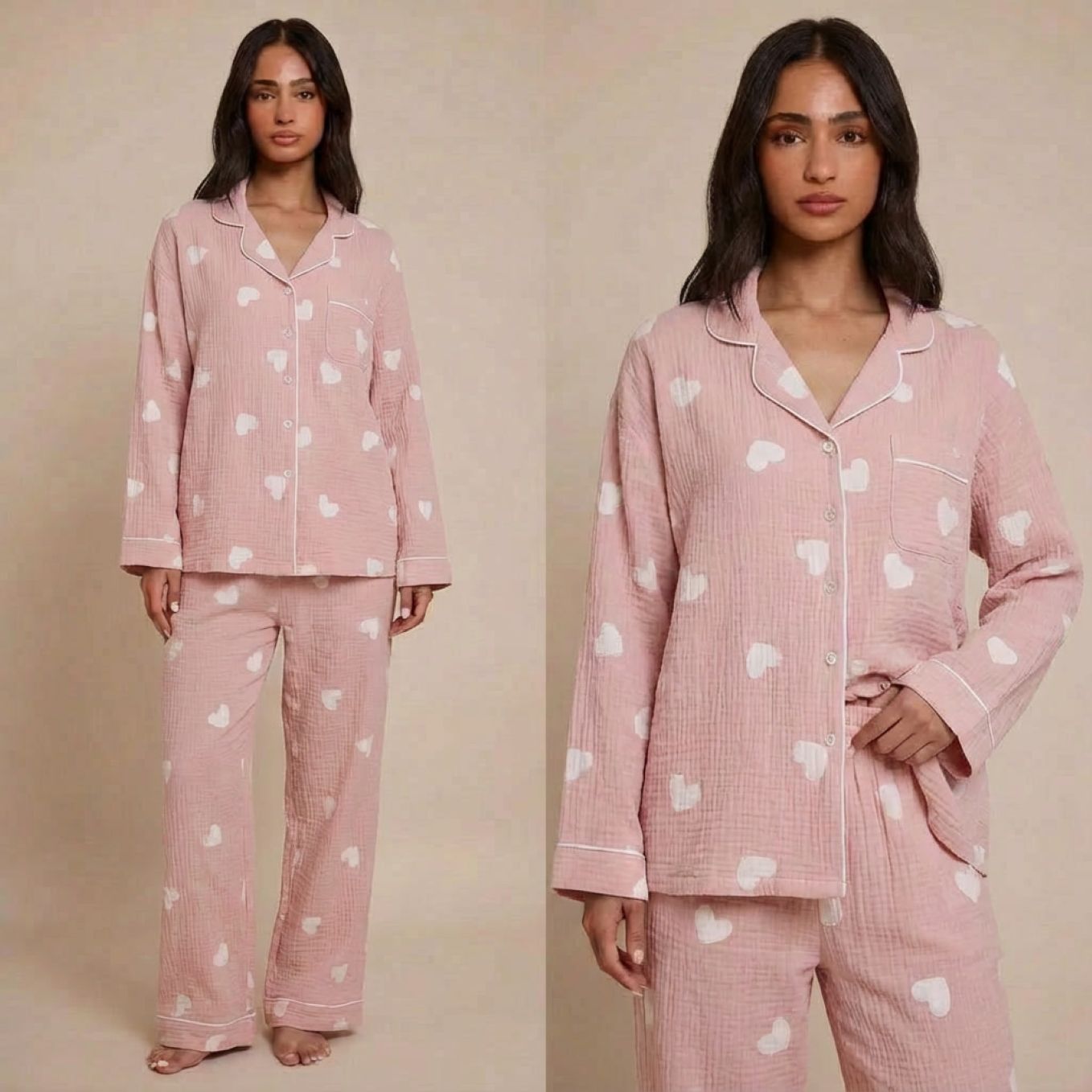 Pyjama femme gaze de coton rose à cœur blanc – tenue de nuit printemps été 2026